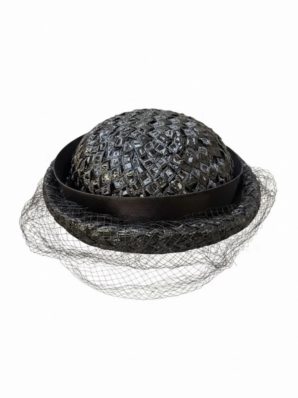 Gene Doris New York Hat – Vintage Black Fascinator straw Hat with net veil